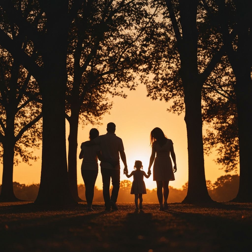 Family walking together at sunset